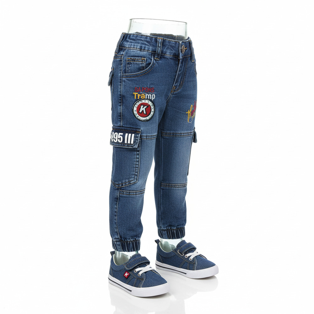 Boys' Cargo Jeans Blue Denim Joggers Elastic Waist Cuffed Pockets ( 3T-4T)
